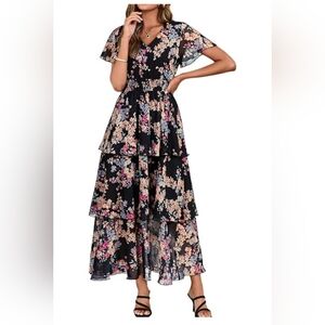 Size S Simpal Romantic. Black Floral Tiered Maxi Dress - Women